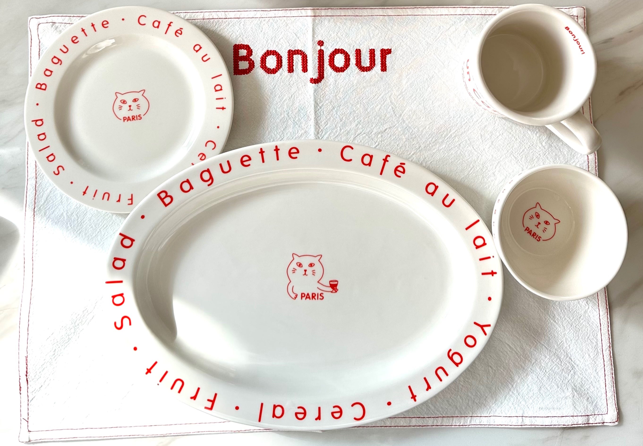 BONJOUR - (RED) Dinnerware Set (Round Plate, Oval Plate, Mini Bowl, Cup, Placemat)