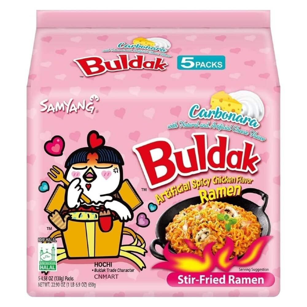 Buldak Spicy Ramen, Carbonara Hot Chicken Ramen, Korean Stir-Fried Instant Noodle, 5 Pack